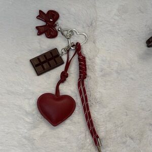 Red Heart Charm Keychain with Bow & Chocolate Accent
